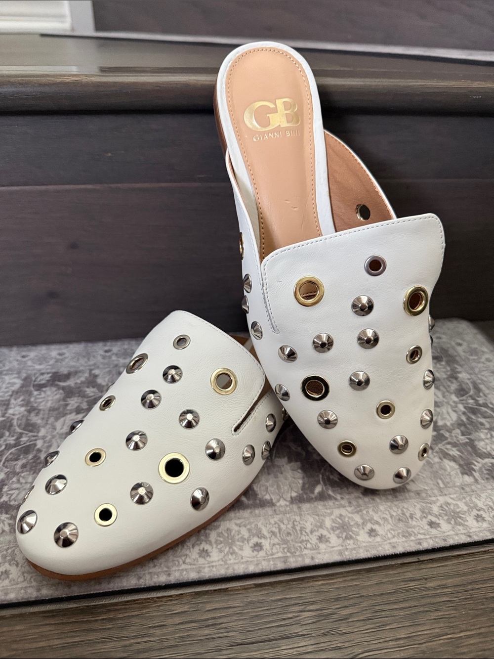 Gianni Bini White Grommet-Embellished Slip-On Mules